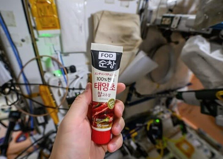 본문 이미지 - 조니 김이 지난 4월 30일 국제우주정거장(ISS)에서 찍은 순창 고추장 사진. <사진=조니 김 인스타그램 갈무리>