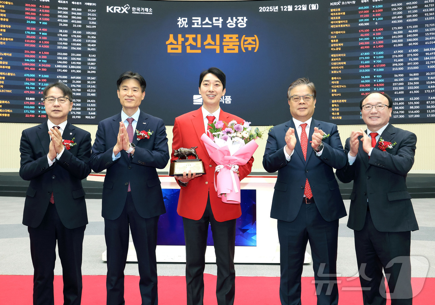 (서울=뉴스1) = 한국거래소 코스닥시장본부는 22일 오전 서울사옥 홍보관에서 삼진식의 코스닥시장 상장기념식을 개최했다. 사진은 상장 기념식 후 기념 사진 촬영하는 김대영 한국IR …