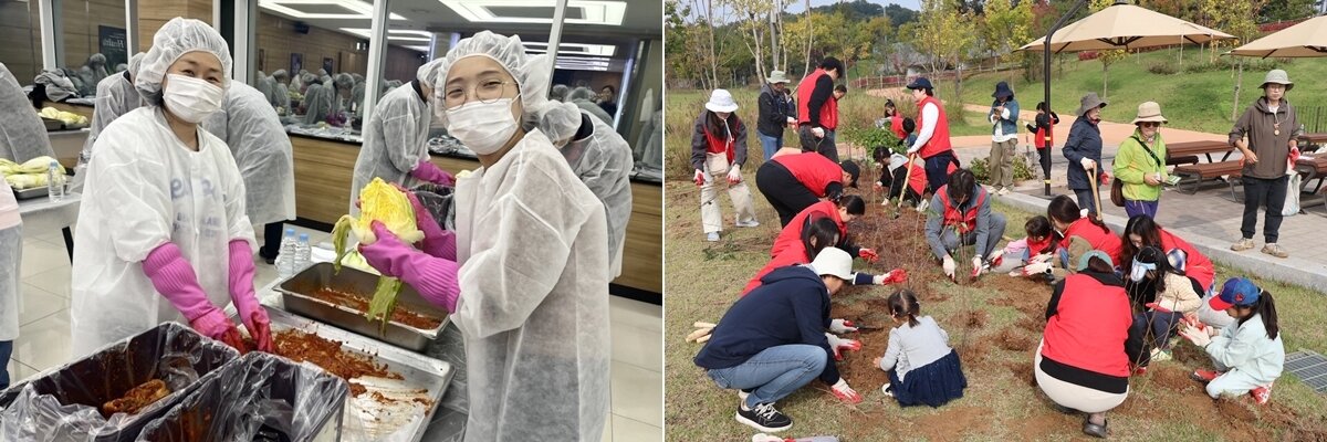 본문 이미지 - 한미약품 임직원들이 사랑의 김장김치 나눔 봉사(왼쪽)와 녹색숲 조성 활동(오른쪽)을 하고 있다. /제공 = 한미약품