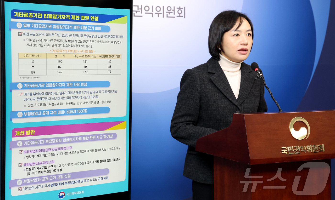 (세종=뉴스1) 김기남 기자 = 송영희 국민권익위원회 경제제도개선과장이 22일 세종시 정부세종청사에 부정당업자 입찰 참가자격 제한 사규 제·개정 및  부정당업자 공개 규정 신설 등 …