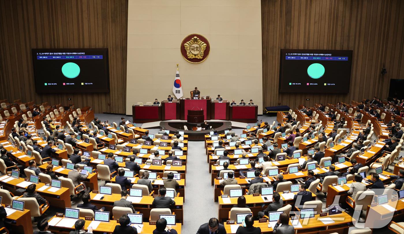 (서울=뉴스1) 이승배 기자 = 22일 서울 여의도 국회에서 열린 제430회국회(임시회) 제2차 본회의에서 12.29 여객기 참사 진상규명을 위한 국정조사계획서 승인의 건이 찬성 …