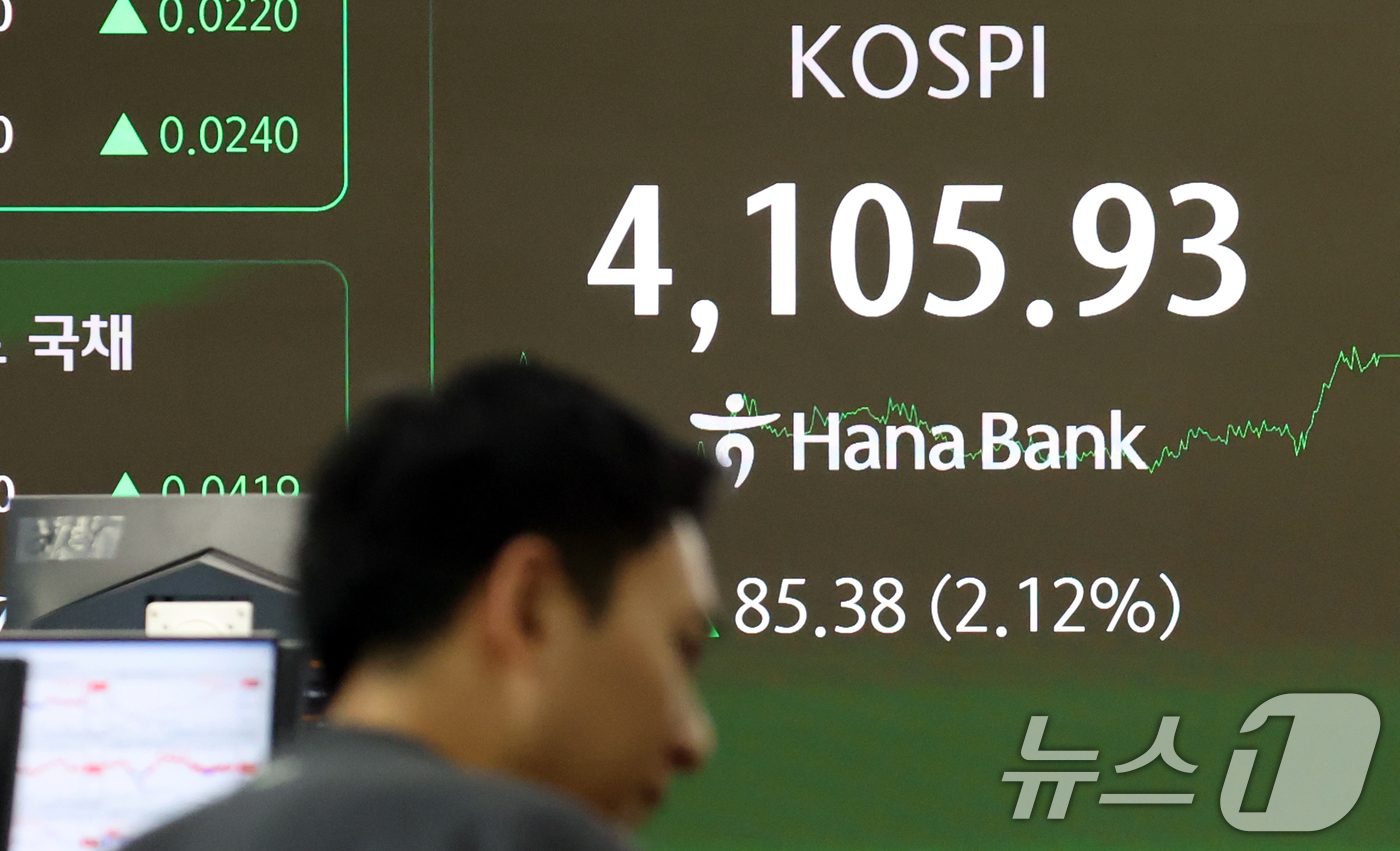 (서울=뉴스1) 김명섭 기자 = 22일 서울 중구 하나은행 딜링룸 전광판 증시 종가가 나타나고 있다. 이날 코스피 지수는 전거래일 대비 85.38포인트(2.12%) 상승한 4,10 …