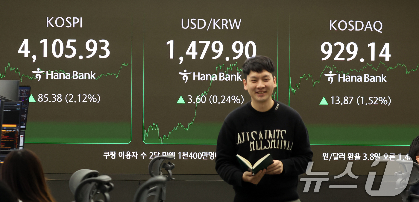 (서울=뉴스1) 김명섭 기자 = 22일 서울 중구 하나은행 딜링룸 전광판 증시 종가가 나타나고 있다. 이날 코스피 지수는 전거래일 대비 85.38포인트(2.12%) 상승한 4,10 …