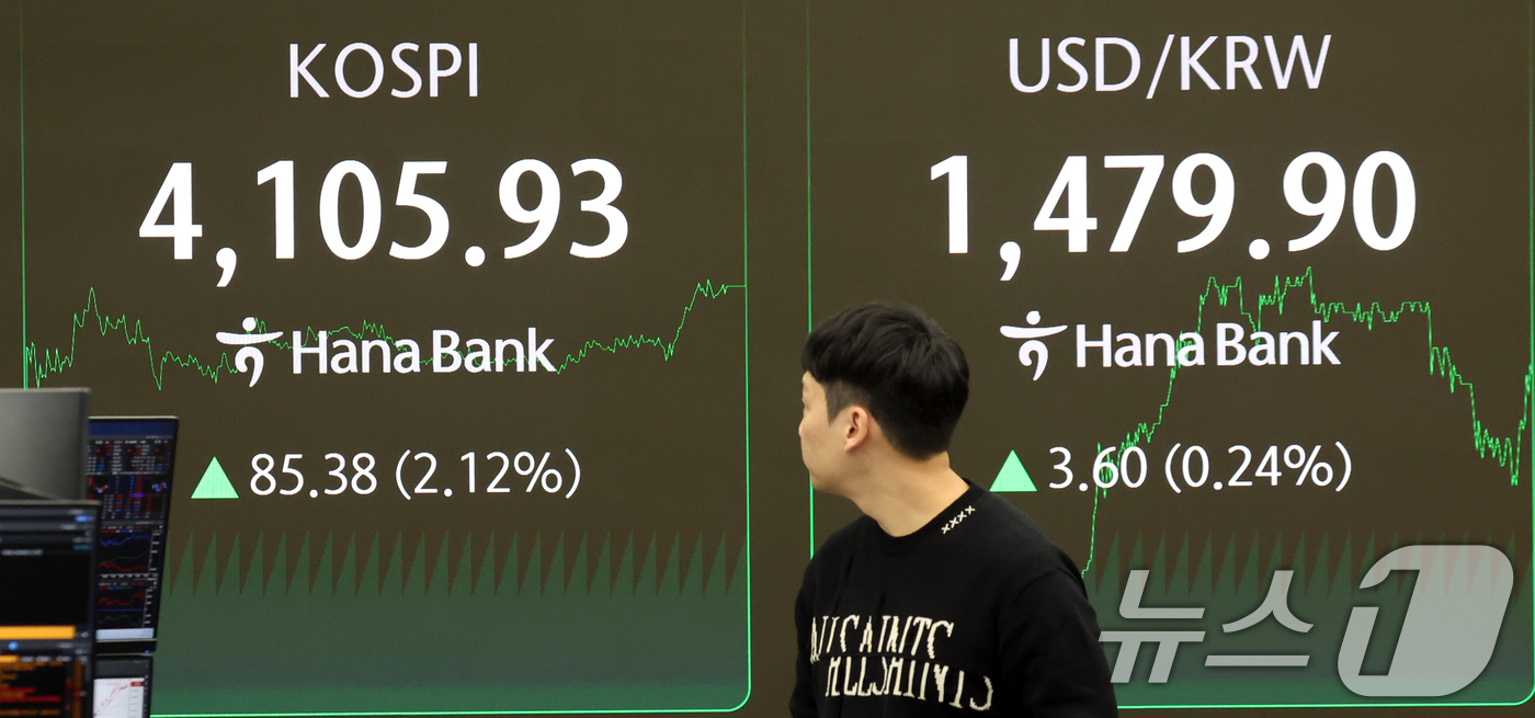 (서울=뉴스1) 김명섭 기자 = 22일 서울 중구 하나은행 딜링룸 전광판 증시 종가가 나타나고 있다. 이날 코스피 지수는 전거래일 대비 85.38포인트(2.12%) 상승한 4,10 …