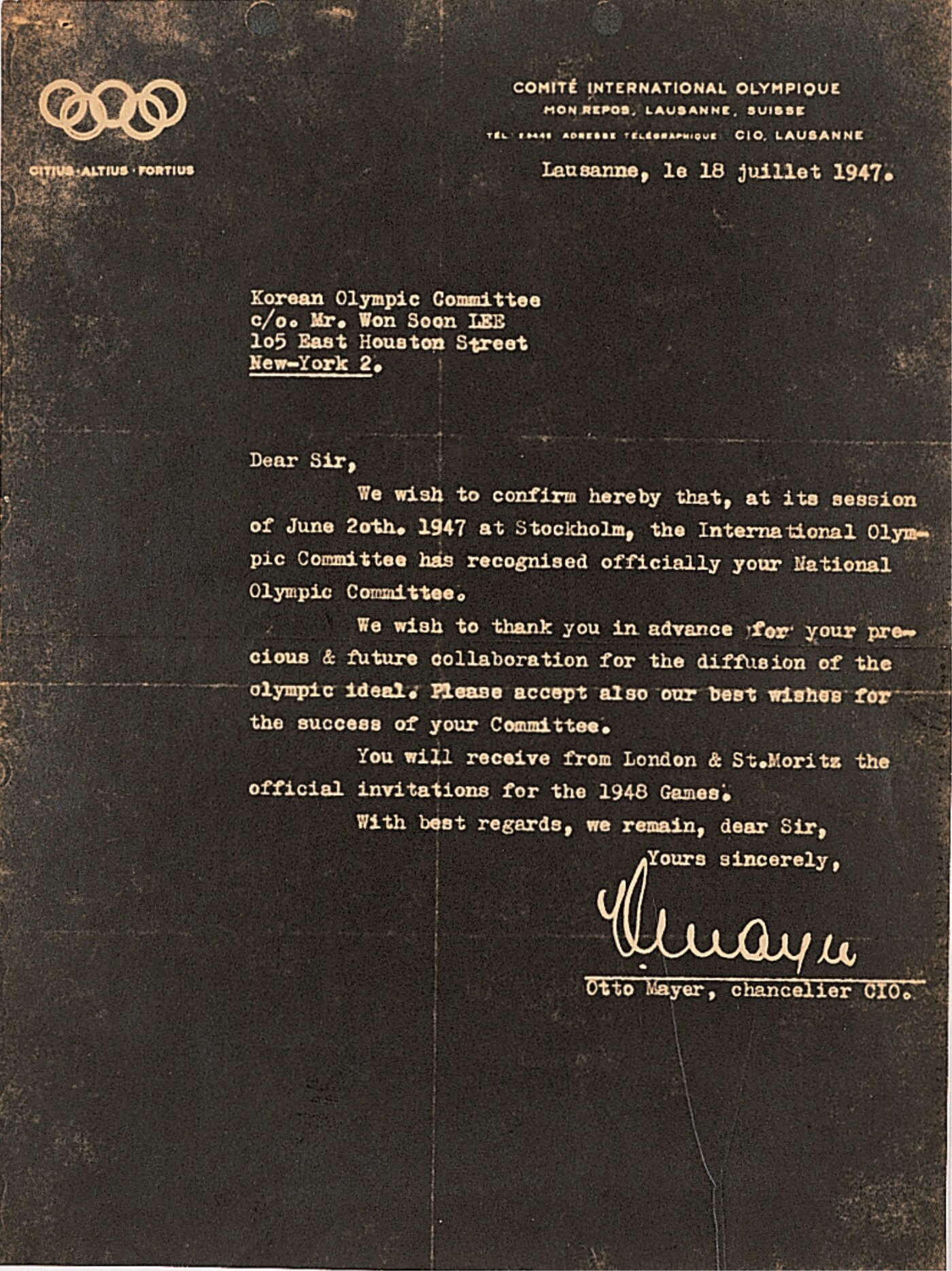 본문 이미지 - 대한민국 IOC 가입 인증서. (대한체육회 제공)