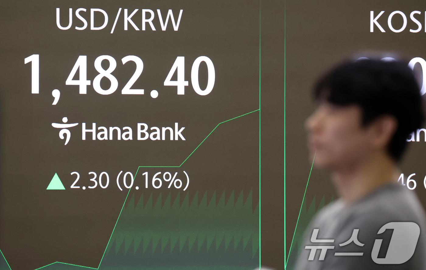 (서울=뉴스1) 김명섭 기자 = 23일 오전 서울 중구 하나은행 본점 딜링룸 전광판에 원달러 환율이 전 거래일 대비 2.30원(0.16%) 오른 1,482.40원을 나타내고 있다. …
