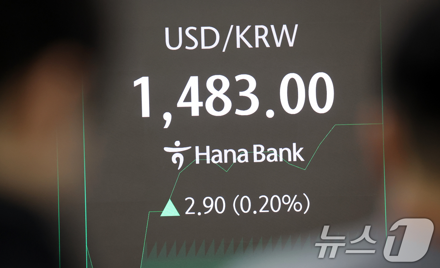 (서울=뉴스1) 김명섭 기자 = 23일 오전 서울 중구 하나은행 본점 딜링룸 전광판에 원달러 환율이 전 거래일 대비 2.90원(0.20%) 오른 1,483.00원을 나타내고 있다. …