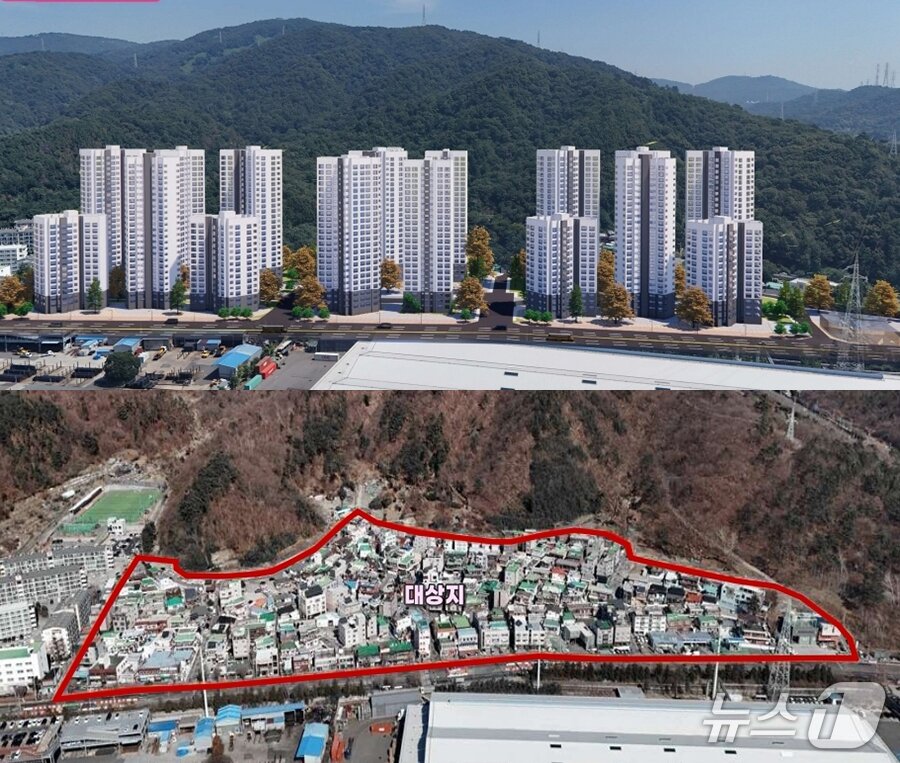 본문 이미지 - 울산 북구 염포동 중리마을 주택정비 사업 조감도(위쪽부터)와 대상지 위치도. (울산시 제공. 재판매 및 DB 금지) /뉴스1