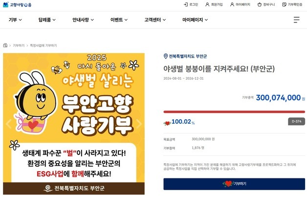 "야생벌 붕붕이 지켜주세요"…부안군, 고향사랑 지정기부 3억 달성
