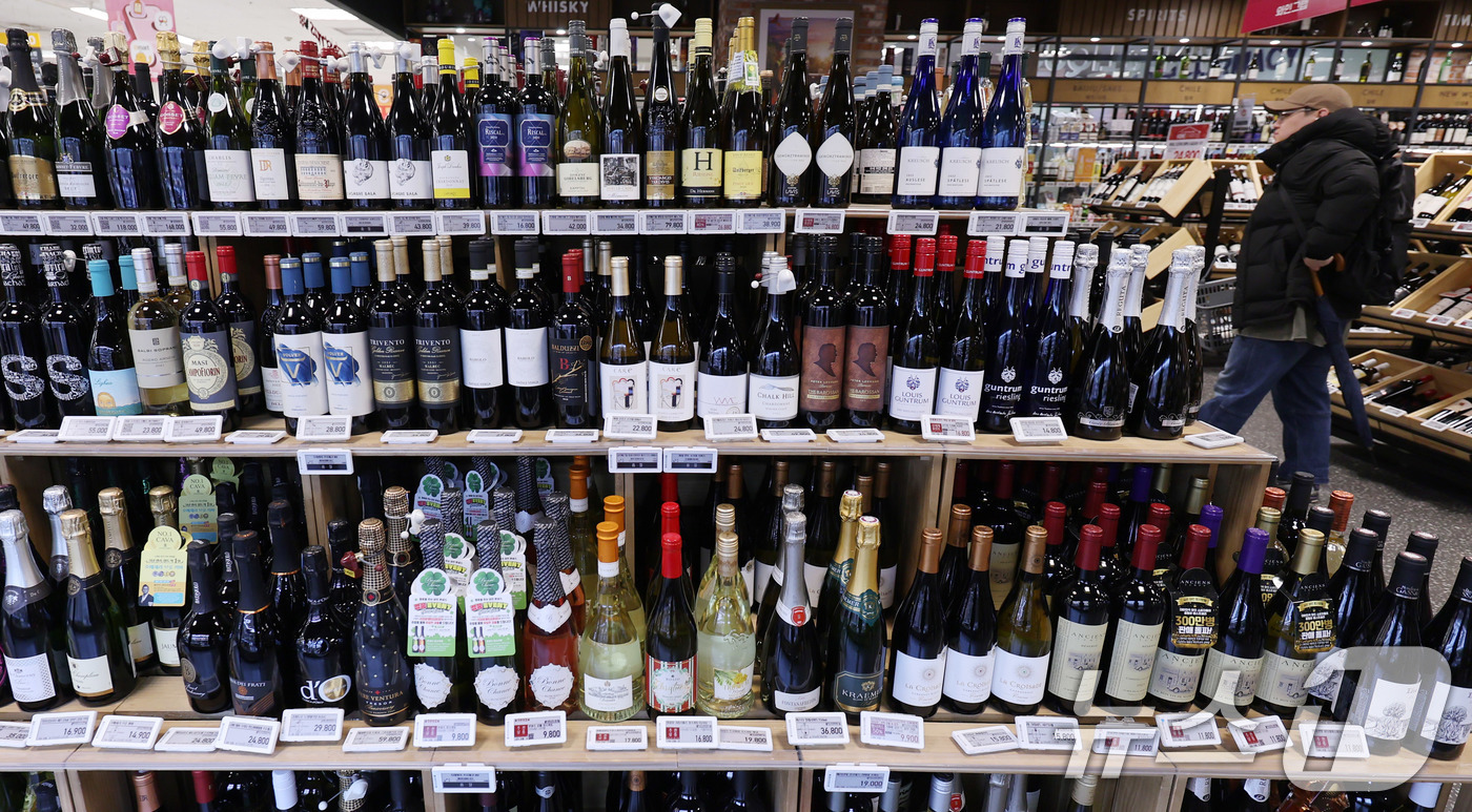 (서울=뉴스1) 박지혜 기자 = 고환율 여파로 수입 포도주 가격 부담이 커지고 있는 가운데 23일 서울의 한 대형마트 와인코너에 포도주가 진열돼 있다.국제 시세가 하락했음에도 환율 …