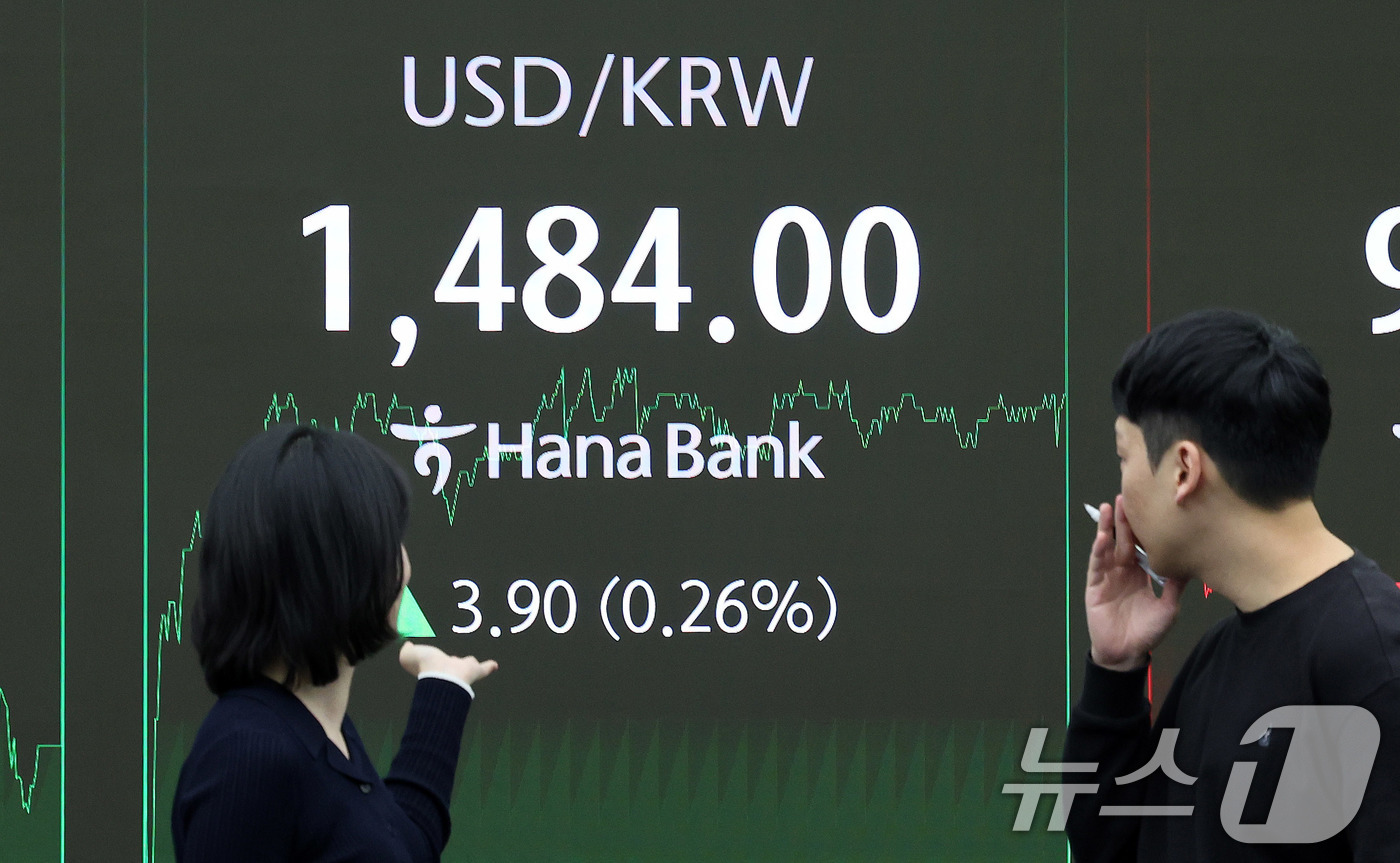(서울=뉴스1) 박지혜 기자 = 23일 오후 서울 중구 하나은행 딜링룸 전광판에 달러·원 환율이 나타나고 있다.이날 코스피는 전일 종가와 비교해 11.39포인트(p)(0.28%) …