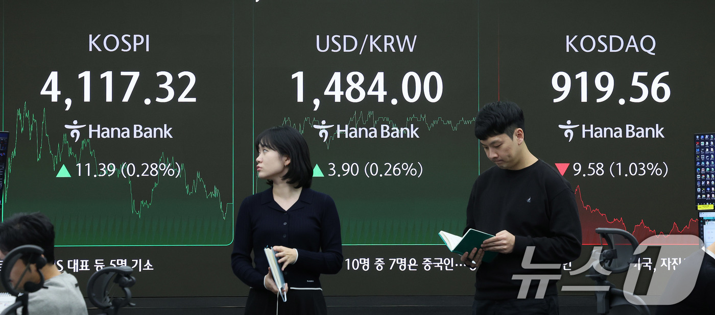 (서울=뉴스1) 박지혜 기자 = 23일 오후 서울 중구 하나은행 딜링룸 전광판에 달러·원 환율이 나타나고 있다.이날 코스피는 전일 종가와 비교해 11.39포인트(p)(0.28%) …