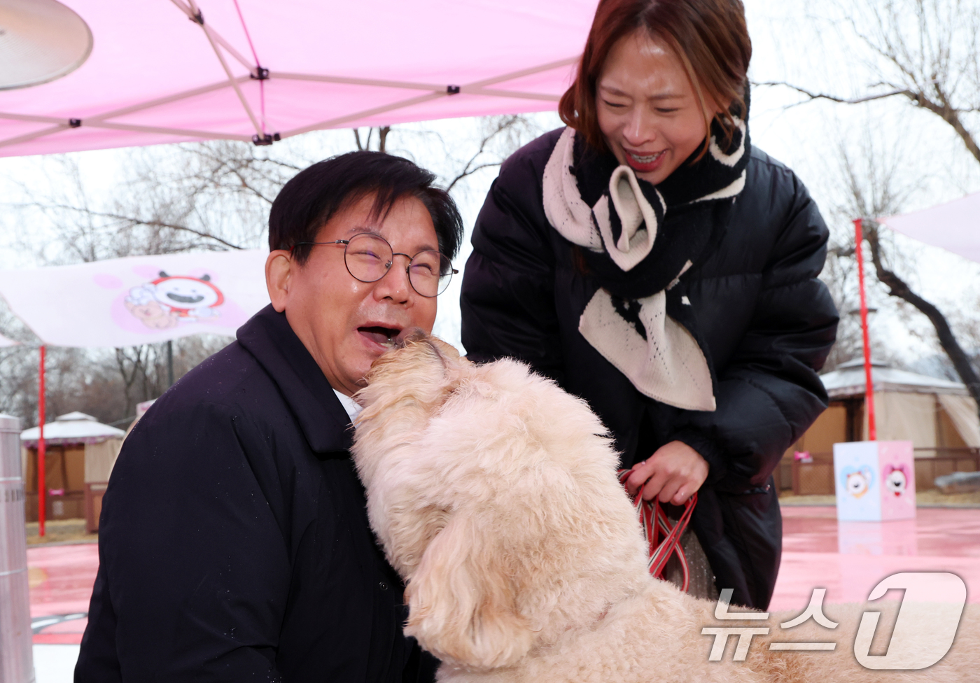 (서울=뉴스1) 김명섭 기자 = 박강수 마포구청장이 23일 서울 마포구 마포반려동물캠핑장에서 열린 댕댕이 크리스마스 페스타 주간 펫세권 마포 홍보견 '바오' 데뷔 데이 행사에서 ' …