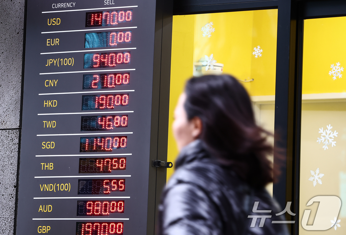 (서울=뉴스1) 김민지 기자 = 외환당국의 강력한 구두 개입으로 환율이 1460원대로 급락한 24일 오전 서울 시내의 환전소 전광판에 환율 등 정보가 나오고 있다.이날 환율은 전날 …