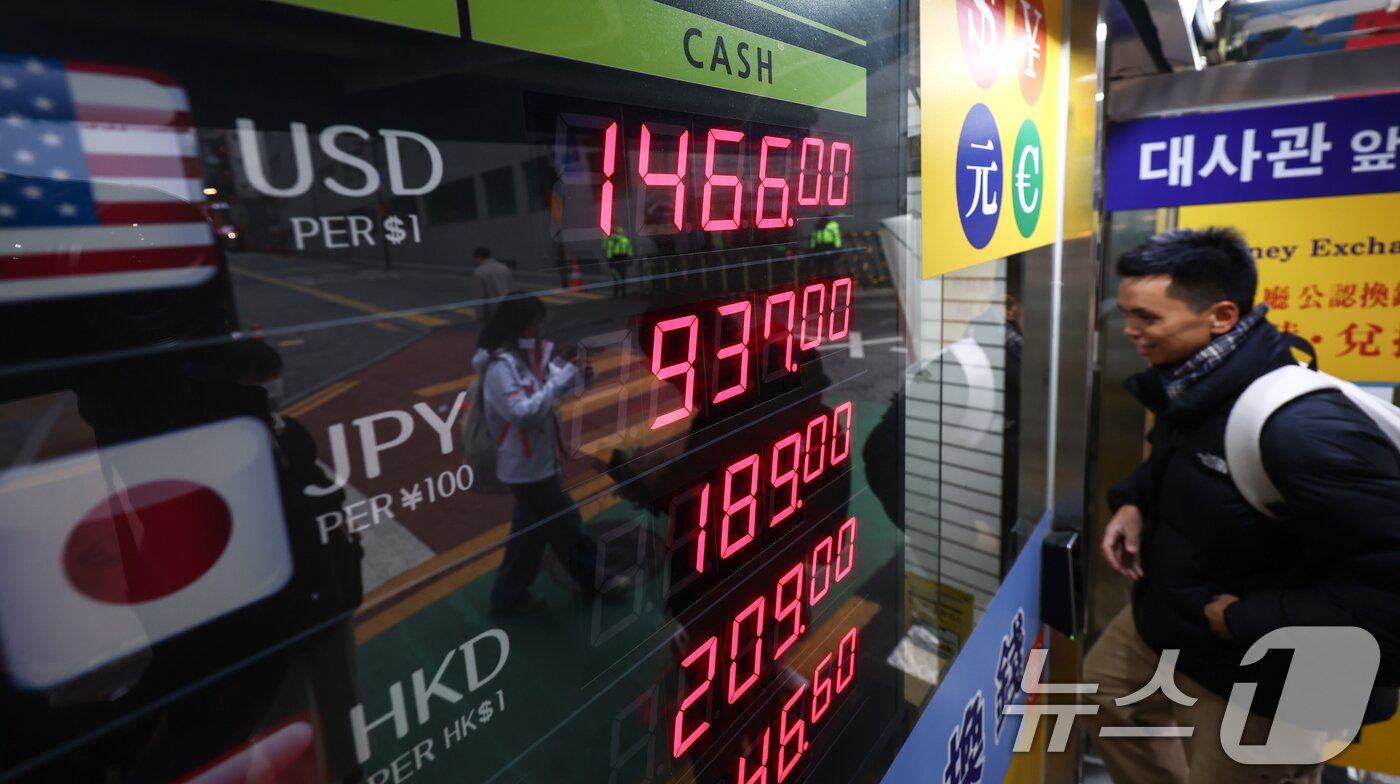 본문 이미지 - 외환당국의 강력한 구두 개입으로 환율이 1460원대로 급락한 24일 오전 서울 시내의 환전소 전광판에 환율 등 정보가 나오고 있다.  2025.12.24/뉴스1 ⓒ News1 김민지 기자