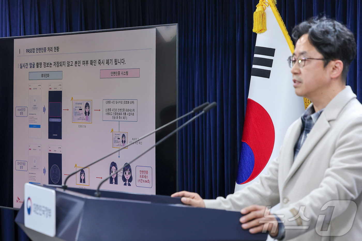 (서울=뉴스1) 김성진 기자 = 허동욱 데이사이드 본부장이 24일 서울 종로구 정부서울청사에서 휴대전화 개통시 안면인증 관련 세부 내용 브리핑을 하고 있다. 2025.12.24/뉴 …
