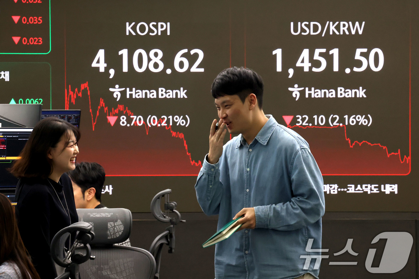 (서울=뉴스1) 이광호 기자 = 코스피 지수가 하락 마감한 24일 서울 중구 하나은행 본점 딜링룸 현황판에 전장보다 8.70포인트(0.21%) 하락한 4,108.62를 나타내고 있 …