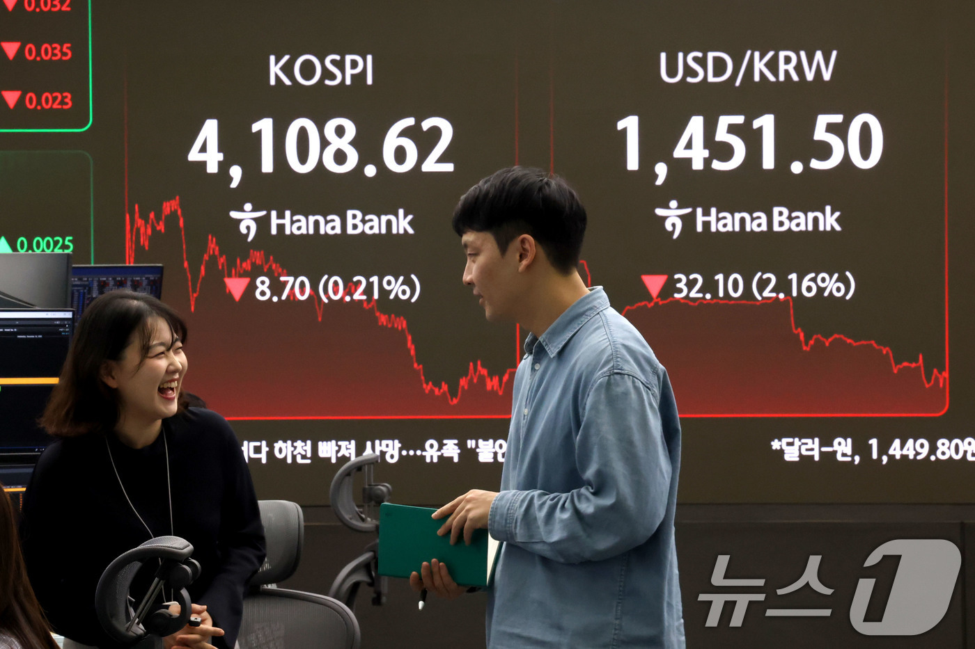 (서울=뉴스1) 이광호 기자 = 코스피 지수가 하락 마감한 24일 서울 중구 하나은행 본점 딜링룸 현황판에 전장보다 8.70포인트(0.21%) 하락한 4,108.62를 나타내고 있 …