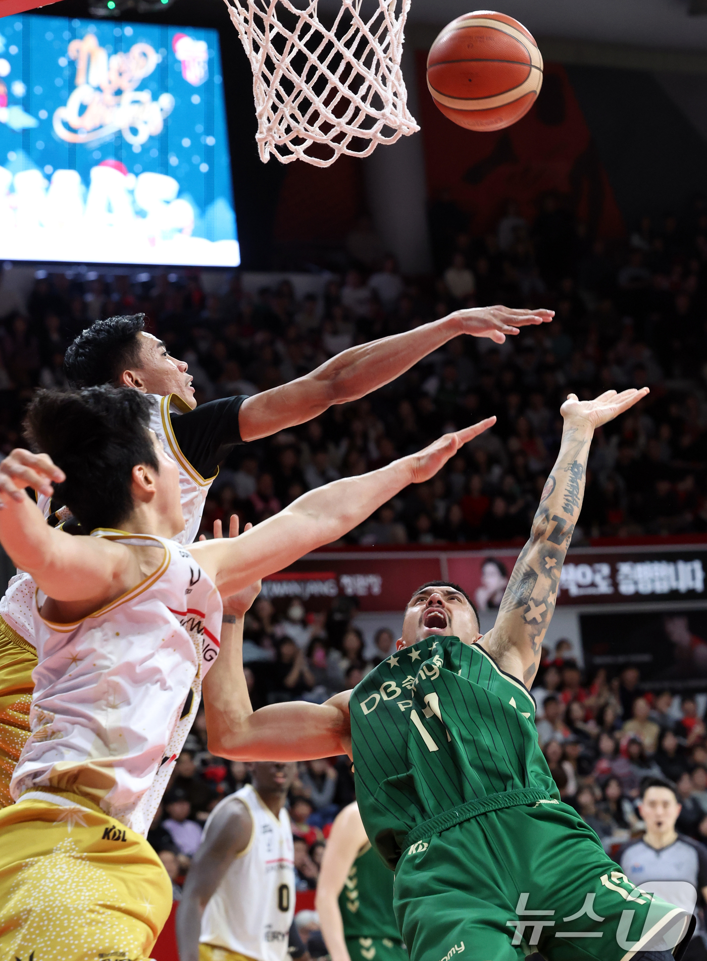 (안양=뉴스1) 김명섭 기자 = 25일 오후 경기도 안양시 정관장아레나에서 열린 2025-2026 LG전자 프로농구 정규리그 안양 정관장과 원주 DB의 경기에서 양팀 선수들이 리바 …