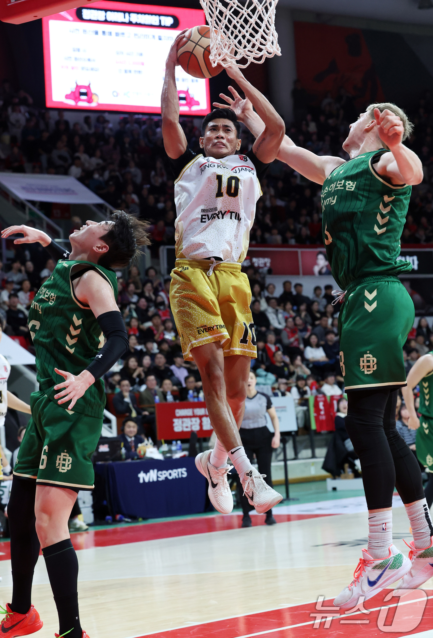 (안양=뉴스1) 김명섭 기자 = 25일 오후 경기도 안양시 정관장아레나에서 열린 2025-2026 LG전자 프로농구 정규리그 안양 정관장과 원주 DB의 경기에서 안양 정관장 렌즈 …