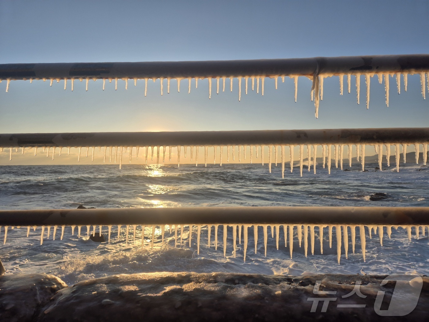 (강릉=뉴스1) 윤왕근 기자 = 강원 대부분 지역에 한파특보가 발효된 26일 동해안 대표 해안도로인 강릉시 강동면 심곡~금진 구간 헌화로 난간에 고드름이 매달려 있다. 2025.1 …