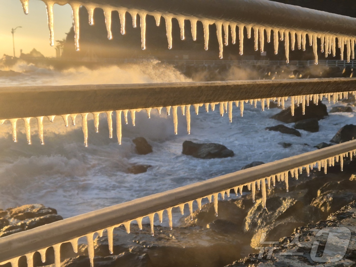 (강릉=뉴스1) 윤왕근 기자 = 강원 대부분 지역에 한파특보가 발효된 26일 동해안 대표 해안도로인 강릉시 강동면 심곡~금진 구간 헌화로 난간에 고드름이 매달려 있다. 2025.1 …