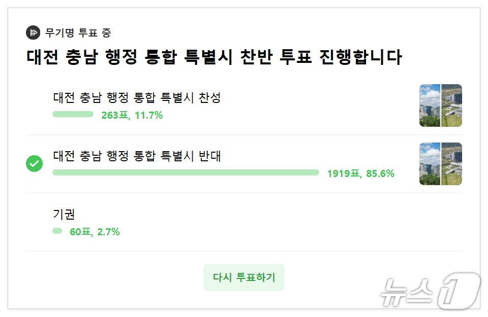 본문 이미지 - 대전·충남 통합에 대한 찬반 투표.(독자 제공. 재판매 및 DB금지)/뉴스1
