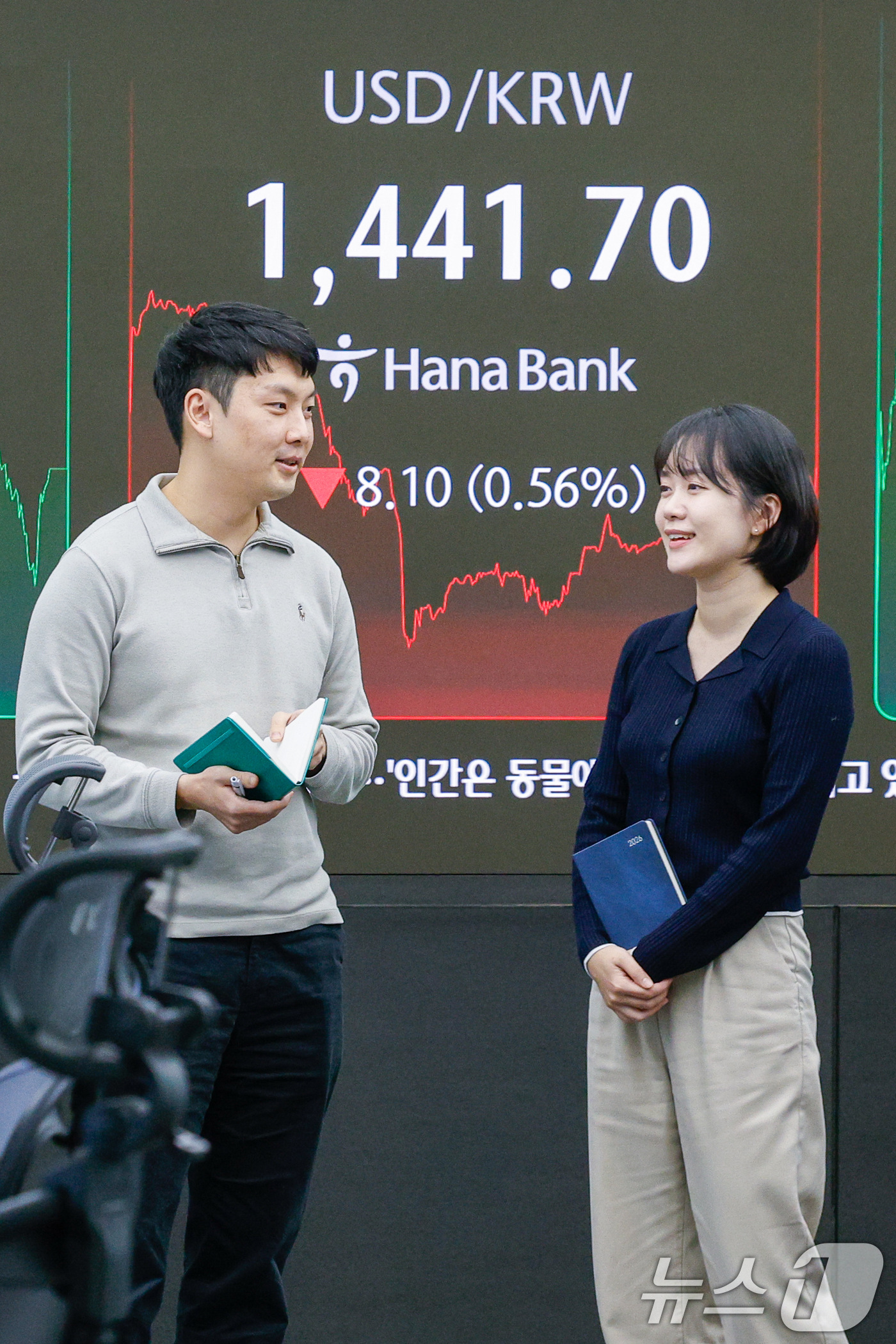 (서울=뉴스1) 안은나 기자 = 26일 오후 서울 중구 하나은행 딜링룸 전광판에 원·달러 환율이 나오고 있다.이날 코스피는 전일 종가와 비교해 21.06포인트(p)(0.51%) 상 …