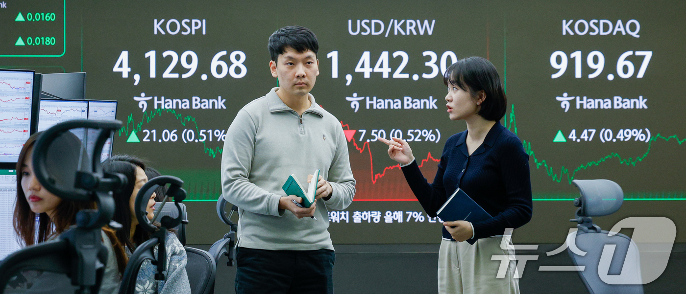 (서울=뉴스1) 안은나 기자 = 26일 오후 서울 중구 하나은행 딜링룸 전광판에 코스피, 코스닥 종가와 원·달러 환율이 나오고 있다.이날 코스피는 전일 종가와 비교해 21.06포인 …