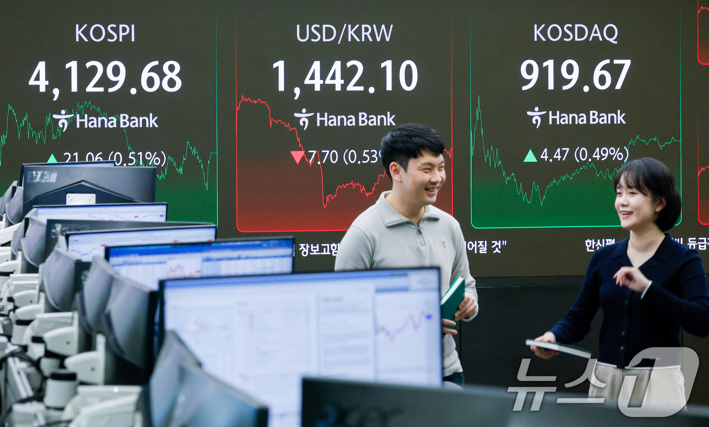 (서울=뉴스1) 안은나 기자 = 26일 오후 서울 중구 하나은행 딜링룸 전광판에 코스피, 코스닥 종가와 원·달러 환율이 나오고 있다.이날 코스피는 전일 종가와 비교해 21.06포인 …