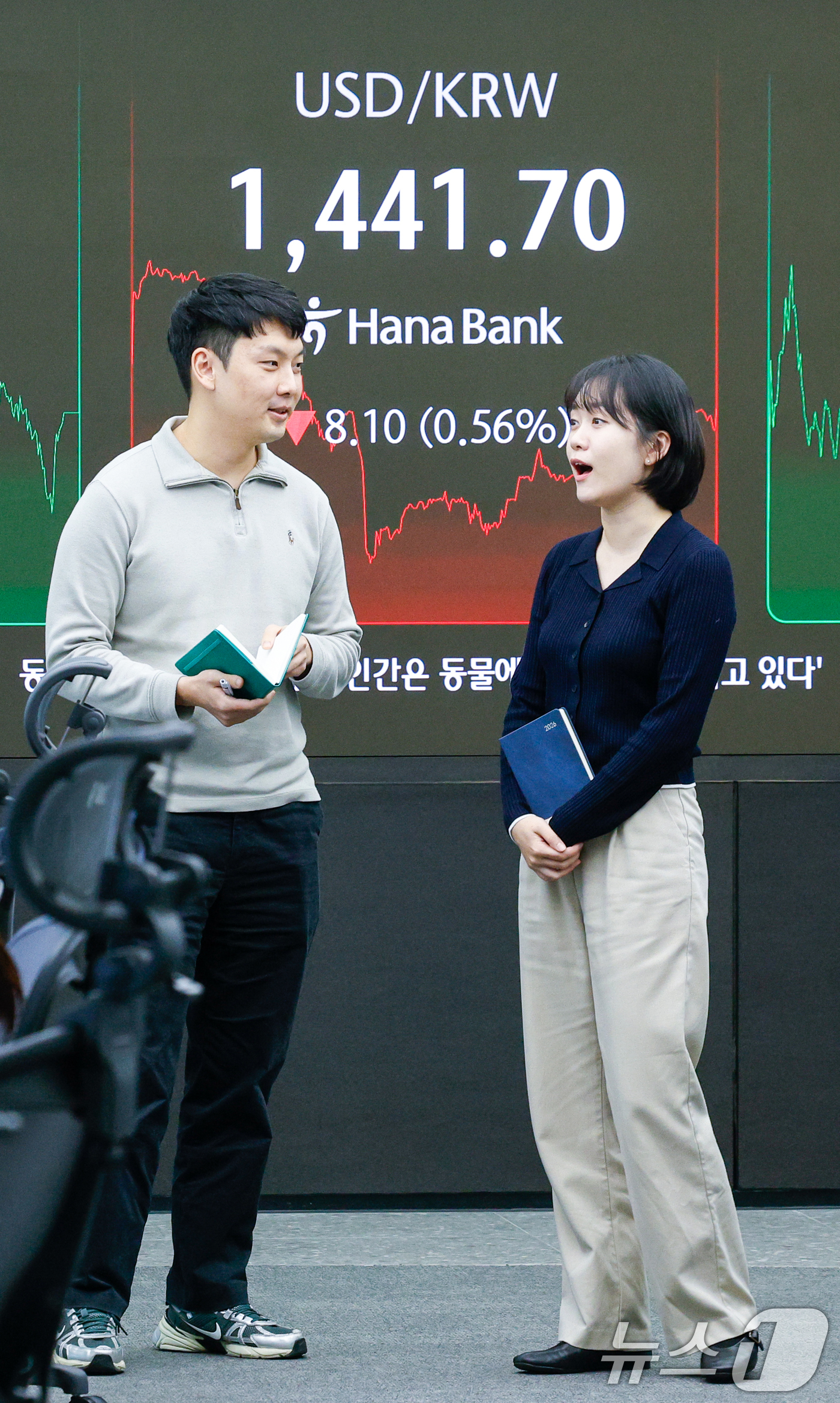 (서울=뉴스1) 안은나 기자 = 26일 오후 서울 중구 하나은행 딜링룸 전광판에 원·달러 환율이 나오고 있다.이날 코스피는 전일 종가와 비교해 21.06포인트(p)(0.51%) 상 …