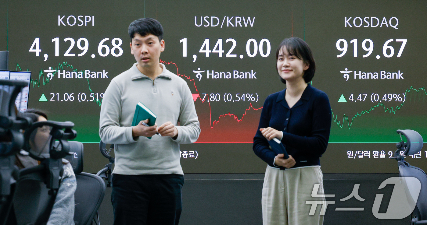 (서울=뉴스1) 안은나 기자 = 26일 오후 서울 중구 하나은행 딜링룸 전광판에 코스피, 코스닥 종가와 원·달러 환율이 나오고 있다.이날 코스피는 전일 종가와 비교해 21.06포인 …