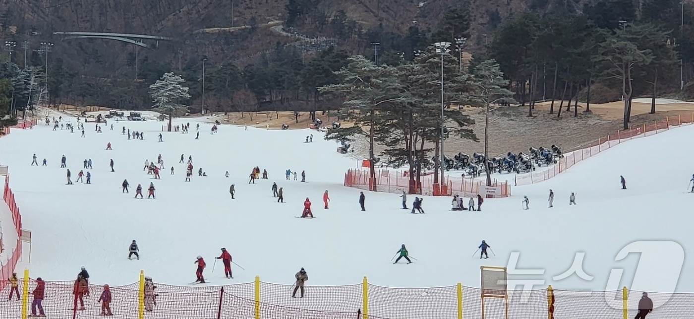 (원주=뉴스1) 신관호 기자 = 강원 영서·산간의 주요 지역에 1㎝ 이상의 적설이 기록된 27일 강원 원주시 오크밸리리조트 스키장에서 관광객들이 휴일을 즐기고 있다. 2025.12 …