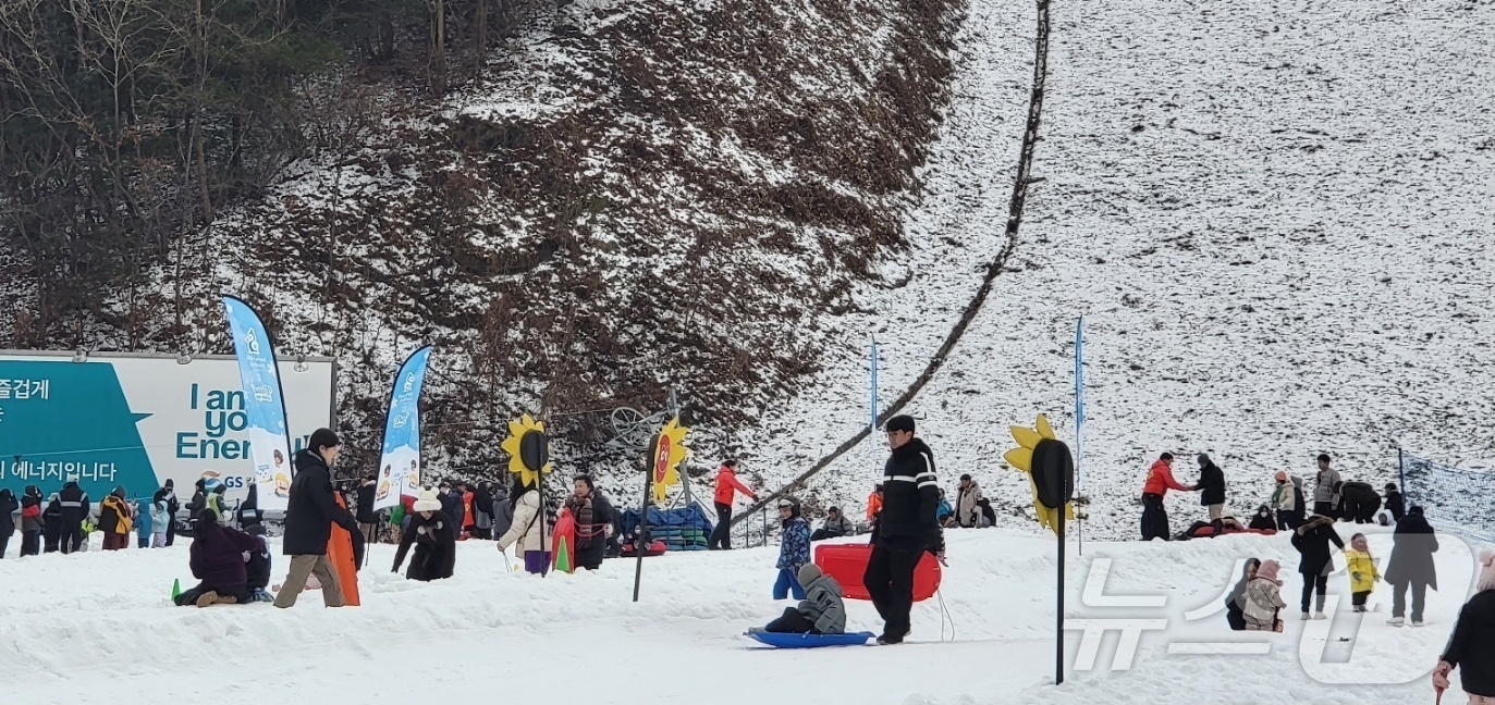 (춘천=뉴스1) 신관호 기자 = 강원 영서·산간의 주요 지역에 1㎝ 이상의 적설이 기록된 27일 강원 원주시 오크밸리리조트 스키장에서 관광객들이 눈썰매를 즐기고 있다. 2025.1 …