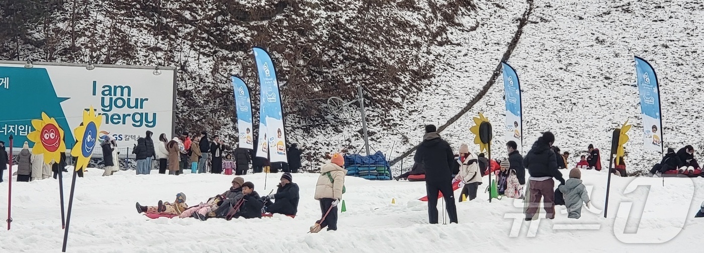 (춘천=뉴스1) 신관호 기자 = 강원 영서·산간의 주요 지역에 1㎝ 이상의 적설이 기록된 27일 강원 원주시 오크밸리리조트 스키장에서 관광객들이 눈썰매를 즐기고 있다. 2025.1 …