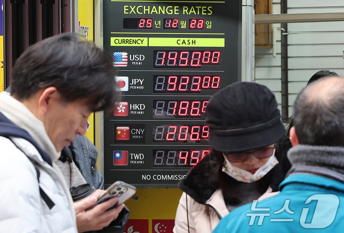 (서울=뉴스1) 김진환 기자 = 28일 오전 서울 중구 명동 환전소 전광판에 원달러 환율 시세가 나오고 있다.올해 외환 거래 마감을 이틀 앞둔 가운데 연말 환율 종가가 작년보다 낮 …