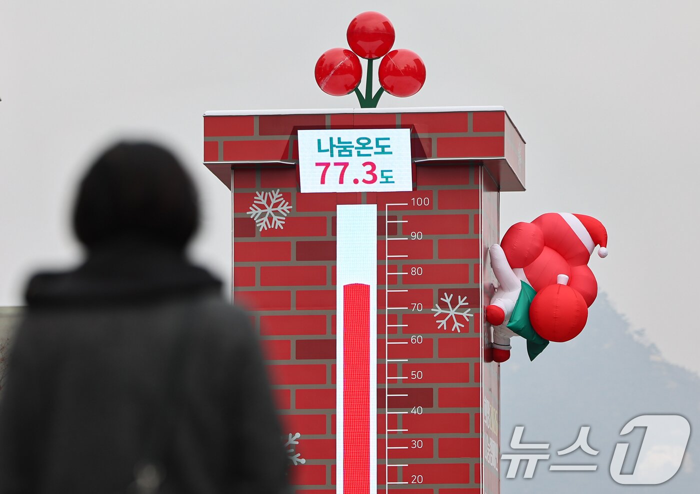 본문 이미지 - 28일 서울 종로구 광화문 광장에 설치된 사랑의 온도탑 나눔온도가 77.3도를 가리키고 있다.  2025.12.28/뉴스1 ⓒ News1 김도우 기자