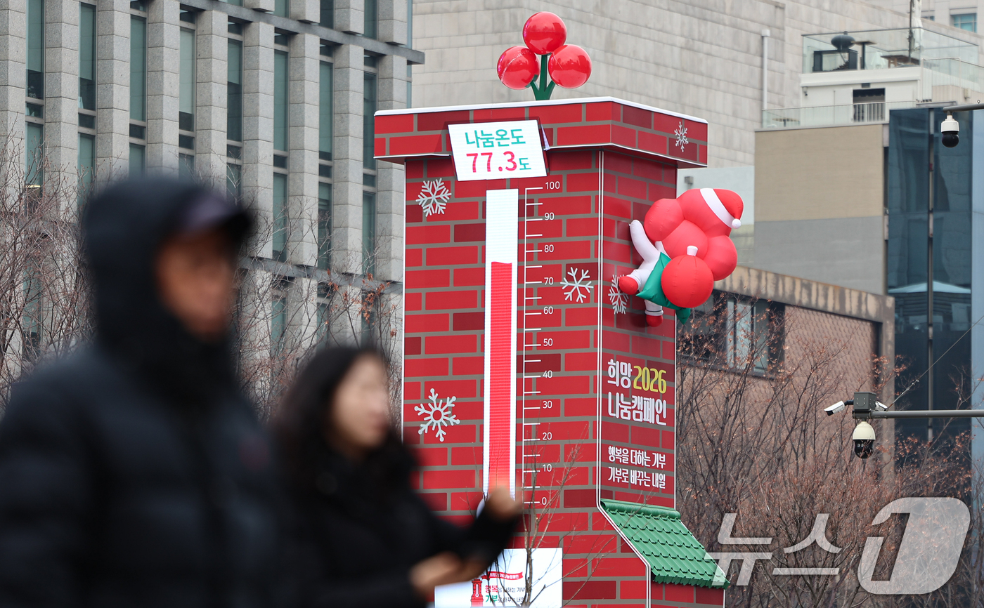 (서울=뉴스1) 김도우 기자 = 28일 서울 종로구 광화문 광장에 설치된 사랑의 온도탑 나눔온도가 77.3도를 가리키고 있다.사랑의열매 사회복지공동모금회 '희망2026나눔캠페인'의 …