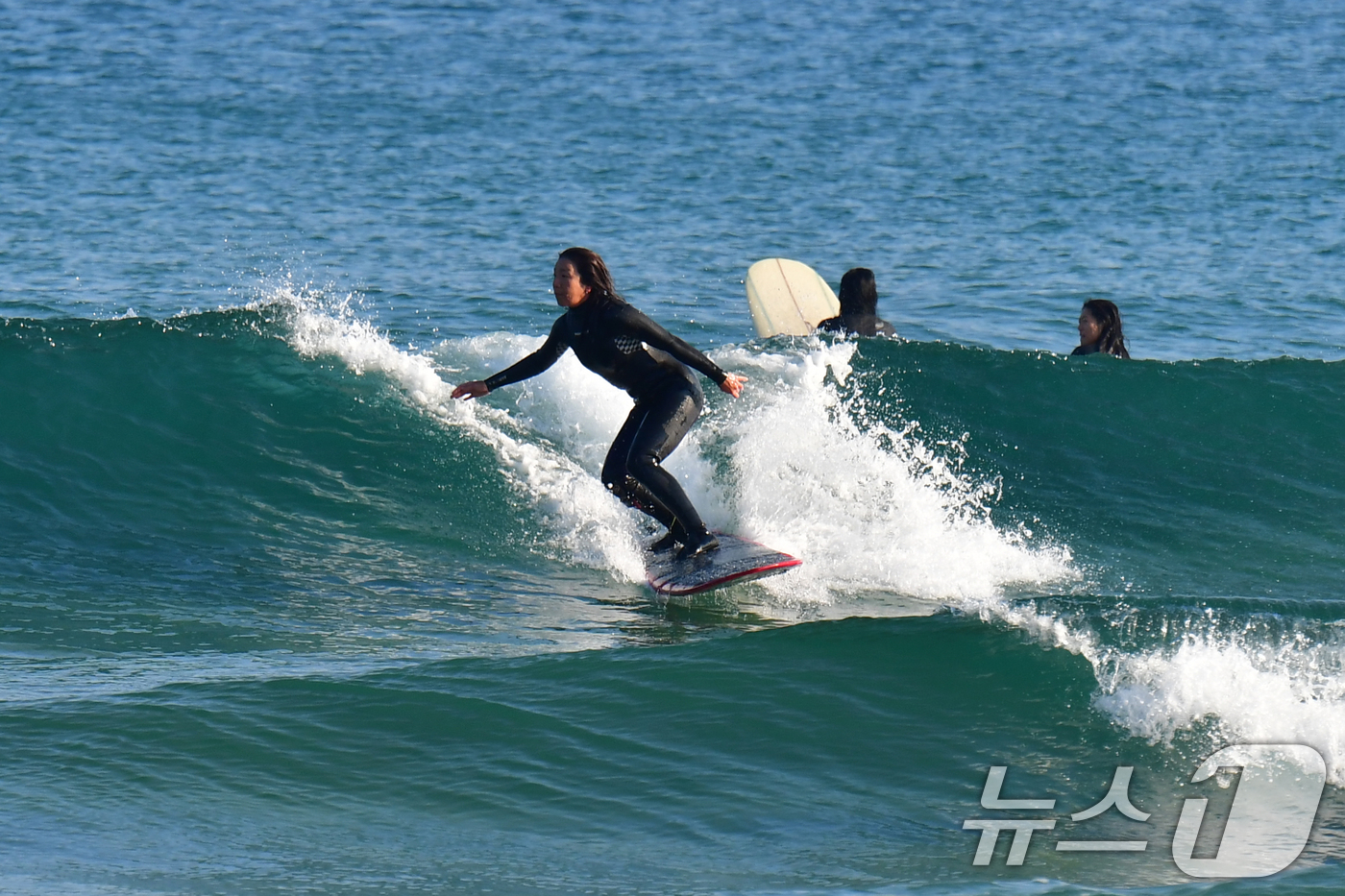 (포항=뉴스1) 최창호 기자 = 28일 경북 포항시 북구 흥해읍 용한리 해수욕장에서 서퍼들이 겨울 파도를 타고 있다.  2025.12.28/뉴스1