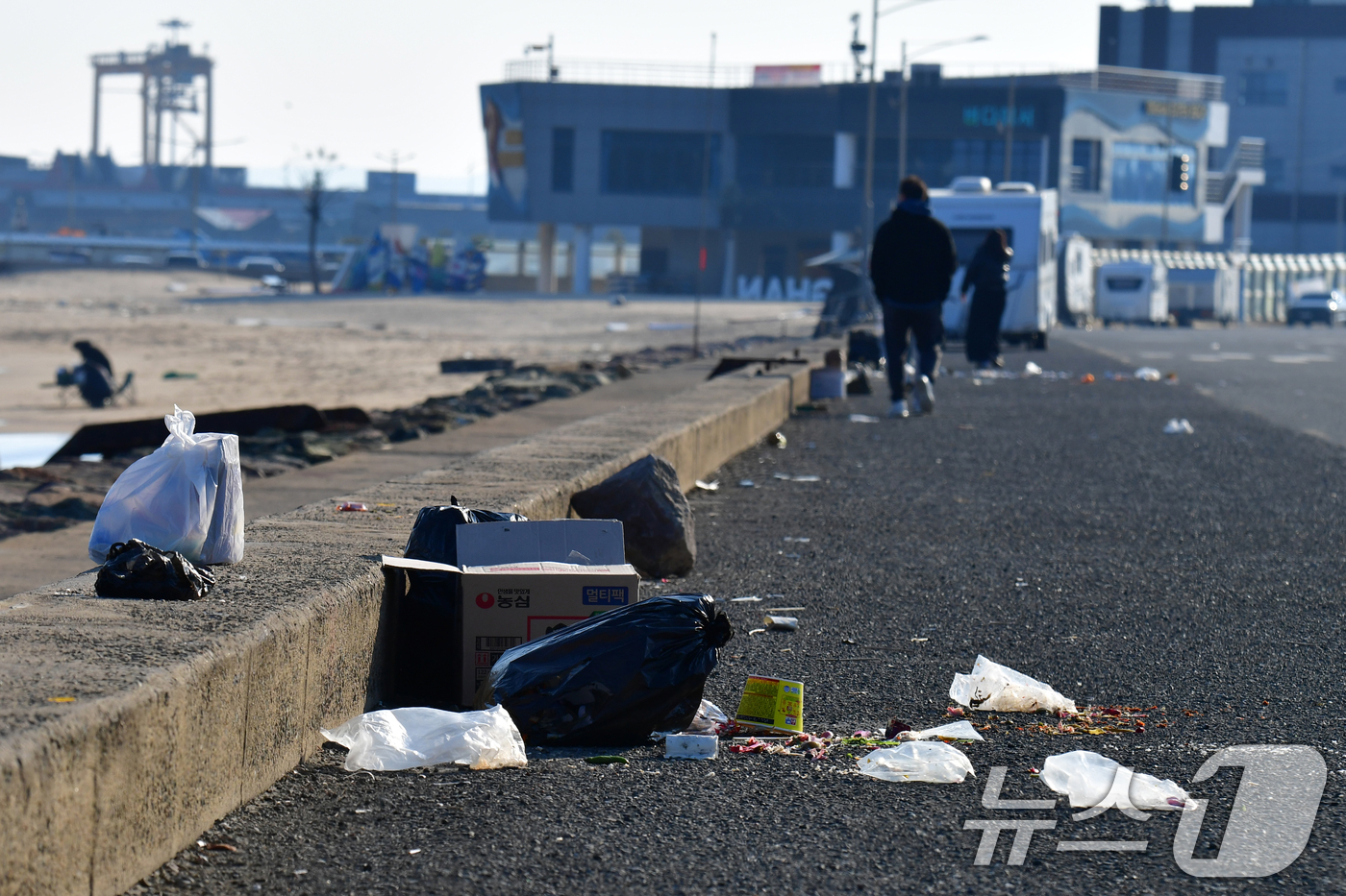 (포항=뉴스1) 최창호 기자 = 28일 경북 포항시 북구 흥해읍 용한리 해안도로에 관광객이 버리고 간 쓰레기 봉지가 나뒹굴고 있다. 2025.12.28/뉴스1