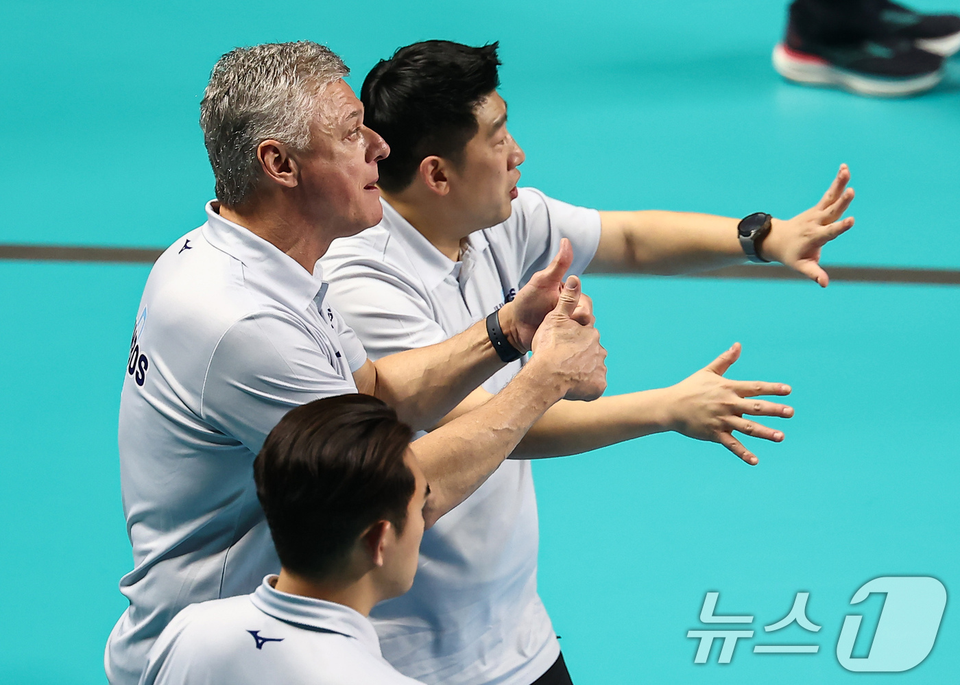 (서울=뉴스1) 김도우 기자 = 28일 서울 중구 장충체육관에서 열린 진에어 2025-26 V-리그 프로배구대회 우리카드와 대한항공의 경기, 대한항공 헤난 달 조토 감독이 공격에 …