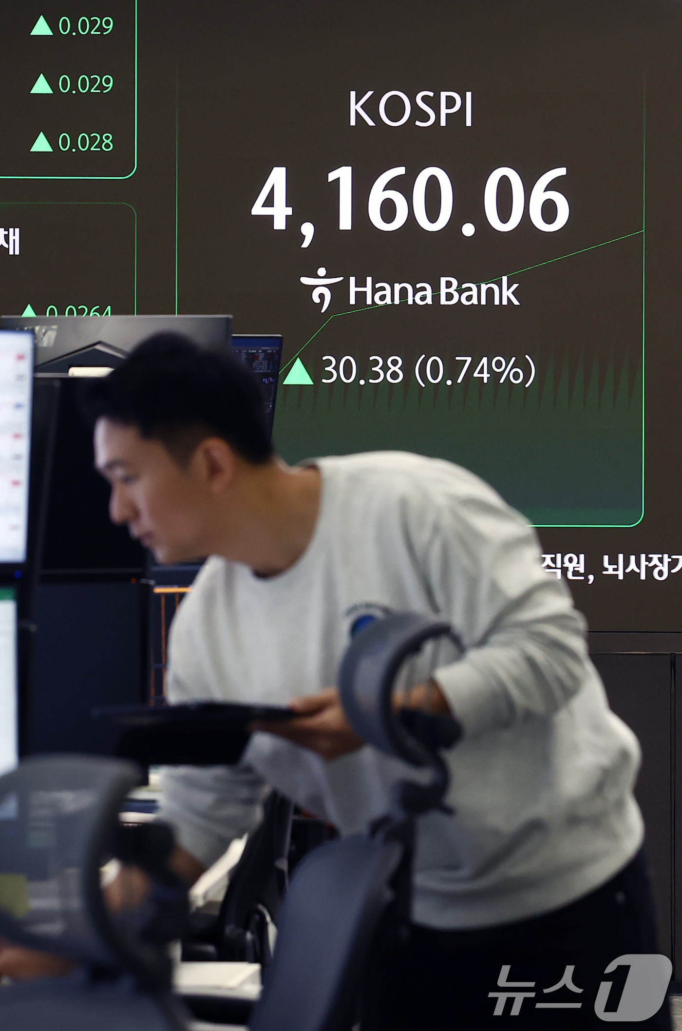 (서울=뉴스1) 김민지 기자 = 29일 오전 서울 중구 하나은행 딜링룸에서 딜러들이 업무를 보고 있다.이날 코스피는 전 거래일 보다 16.80포인트(0.41%) 오른 4146.48 …