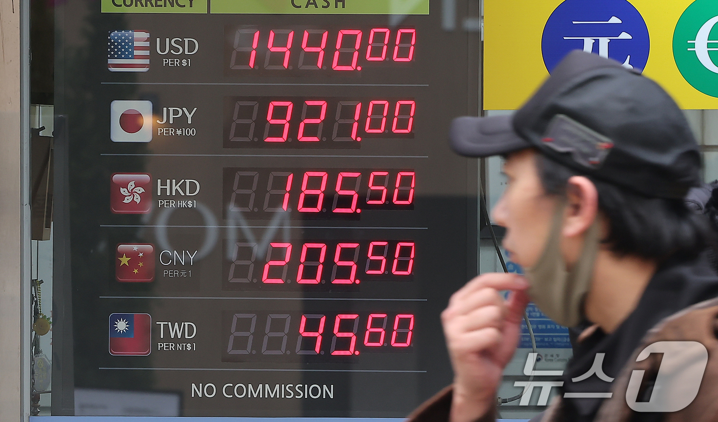 (서울=뉴스1) 김진환 기자 = 29일 서울 중구 명동 환전소 전광판에 원달러 환율 시세가 나오고 있다.계속된 고환율 추세에 12월 평균 환율은 1470.5원으로 올해 최고치를 기 …