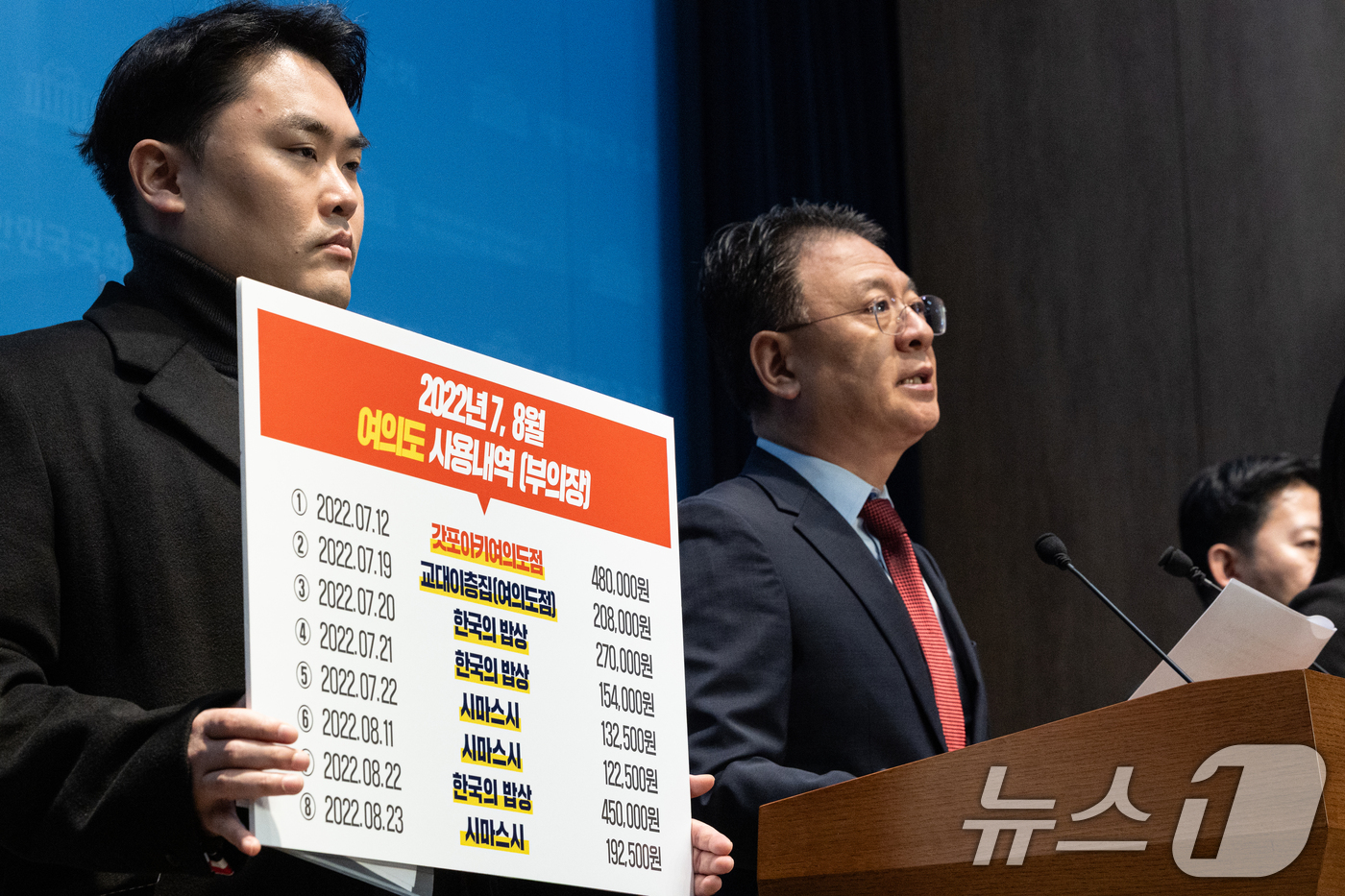 (서울=뉴스1) 이승배 기자 = 장진영 국민의힘 동작구갑 당협위원장이 29일 서울 여의도 국회 소통관에서 김병기 더불어민주당 의원 배우자의 법인카드 유용 의혹 관련 기자회견을 하고 …