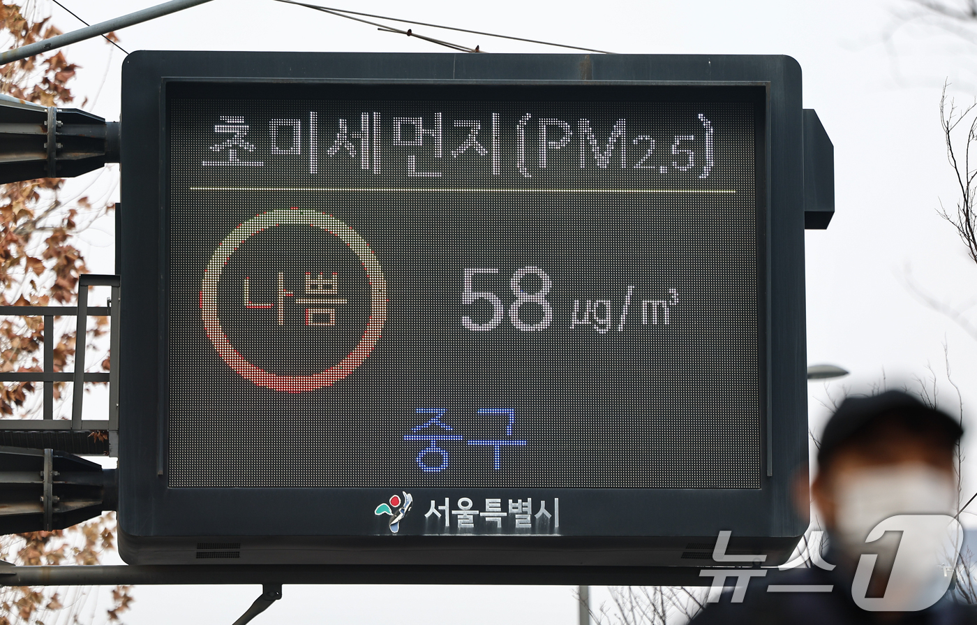 (서울=뉴스1) 김도우 기자 = 수도권 미세먼지 농도가 나쁨을 보인 29일 서울 시내 한 전광판에 대기질 농도가 표시되고 있다. 2025.12.29/뉴스1