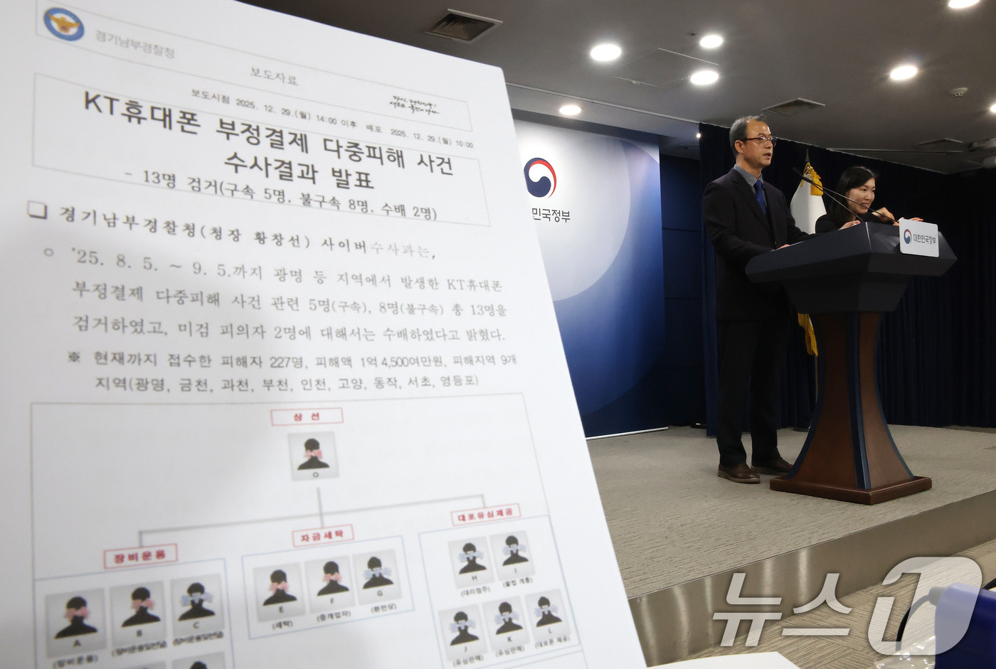 (서울=뉴스1) 임세영 기자 = 이정수 경기남부경찰청 사이버수사과장이 29일 서울 종로구 정부서울청사에서 KT 휴대폰 부정 결제 다중 피해 사건의 수사 결과를 발표하고 있다. 20 …