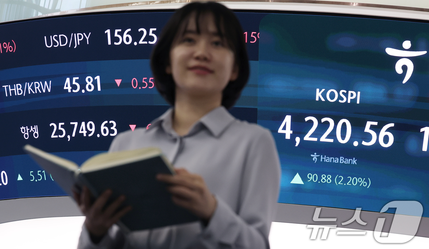 (서울=뉴스1) 오대일 기자 = 코스피가 38거래일 만에 4200선을 탈환한 29일 오후 서울 중구 하나은행 본점 딜링룸 전광판에 코스피 종가가 표시되고 있다. 이날 코스피는 전 …