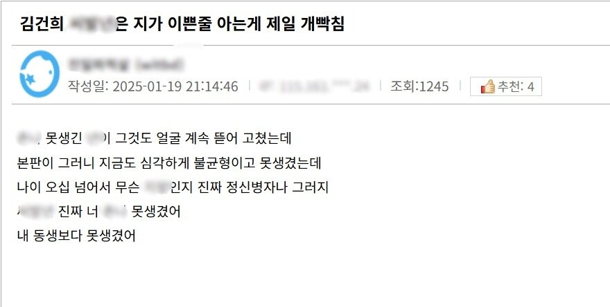 본문 이미지 - 김 변호사가 A 커뮤니티에 작성한 김건희 여사와 관련된 글./A 커뮤니티 갈무리