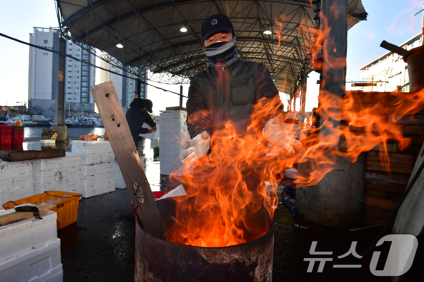 (포항=뉴스1) 최창호 기자 = 경북 포항 지역 아침기온이 영하권까지 떨어진 3일 포항시 죽도어시장에서 상인들이 장작불에 몸을 녹이고 있다. 2025.12.3/뉴스1