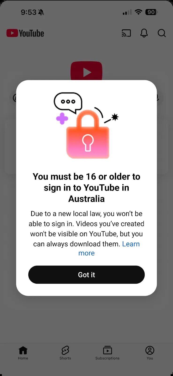 본문 이미지 - 호주 유튜브에서 사용자들에게 &#39;호주에서 계정에 로그인하려면 16세 이상이어야 한다&#39;고 안내하는 모습 &#40;출처=구글 블로그&#41;